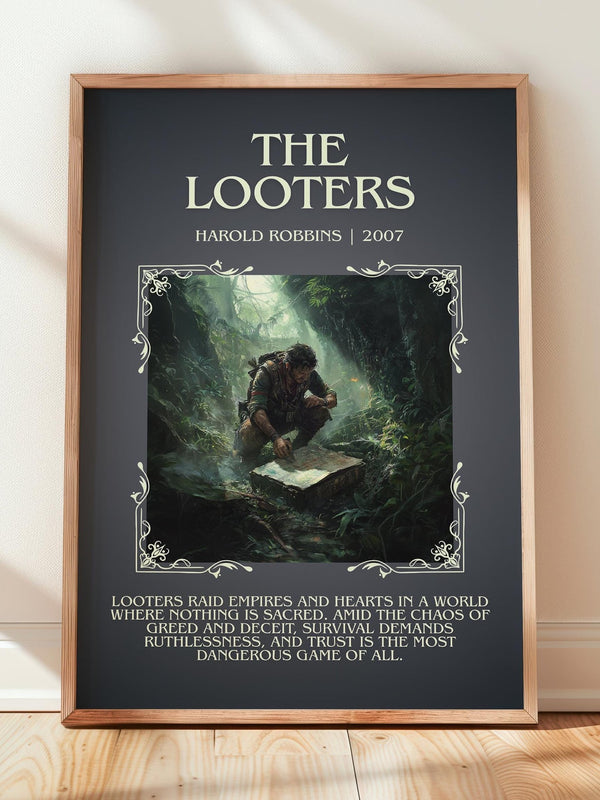The Looters minimalist print in frame leaning in hallway – thriller wall art