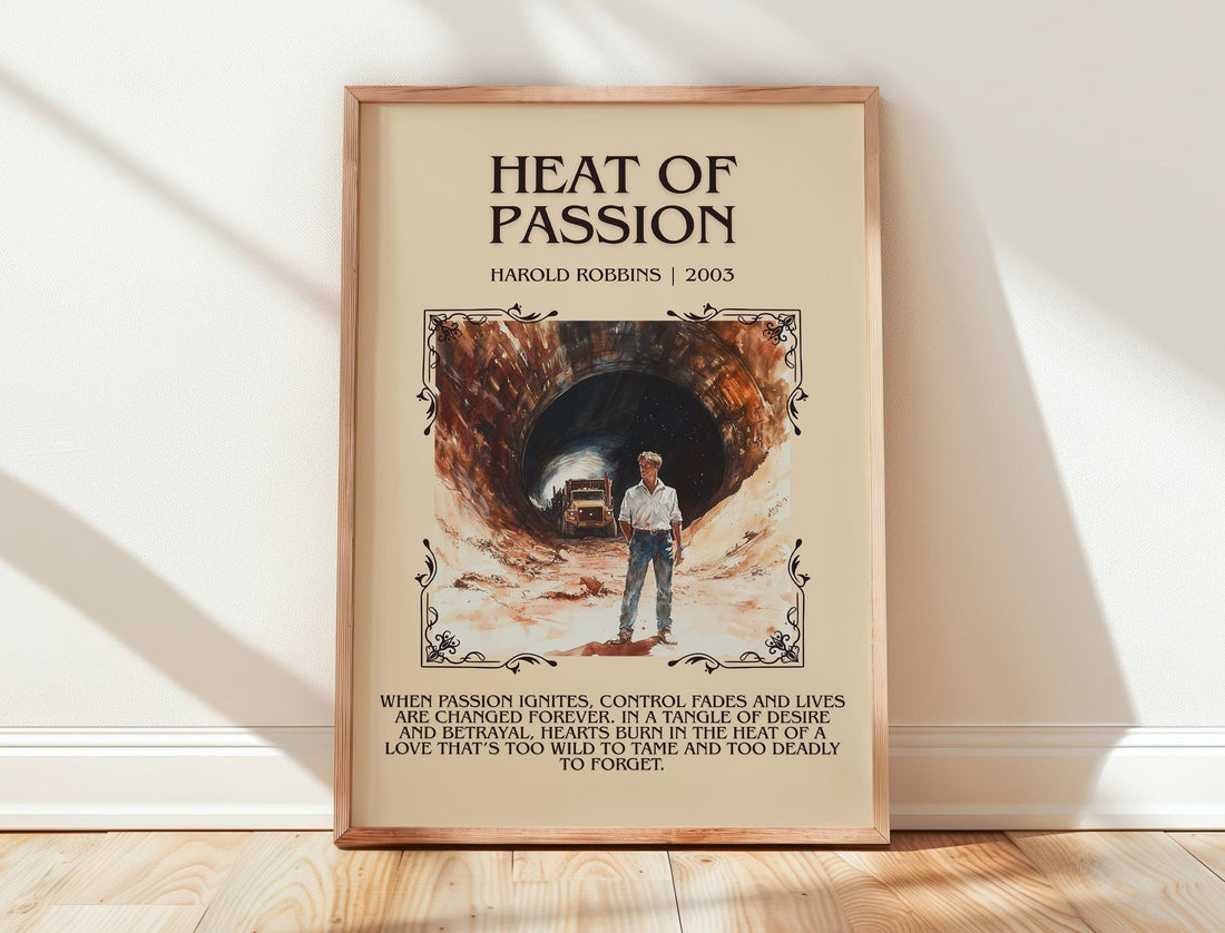Heat of Passion minimalist print in frame leaning in hallway – romance wall art (mockup)