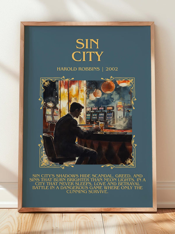 Sin City minimalist print in frame leaning in hallway – romance wall art