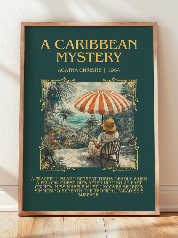 A Caribbean Mystery minimalist print in frame leaning in hallway – mystery wall art