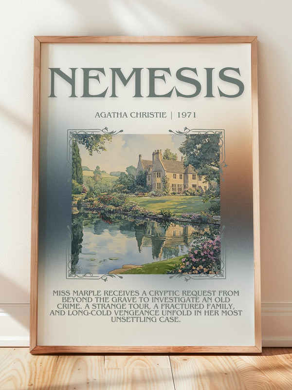 Nemesis minimalist print in frame leaning in hallway – mystery wall art