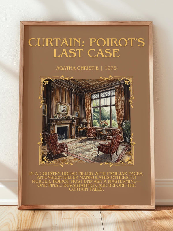 Curtain: Poirot's Last Case minimalist print in frame leaning in hallway – mystery wall art