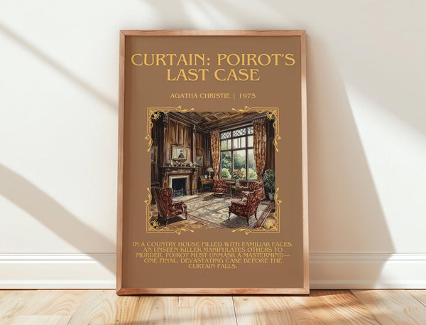 Curtain: Poirot's Last Case minimalist print in frame leaning in hallway – mystery wall art