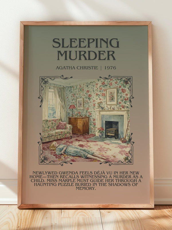 Sleeping Murder minimalist print in frame leaning in hallway – mystery wall art
