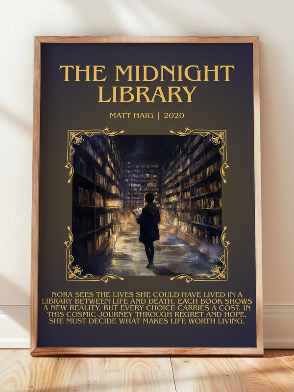 The Midnight Library minimalist print in frame leaning in hallway – contemporary fiction wall art