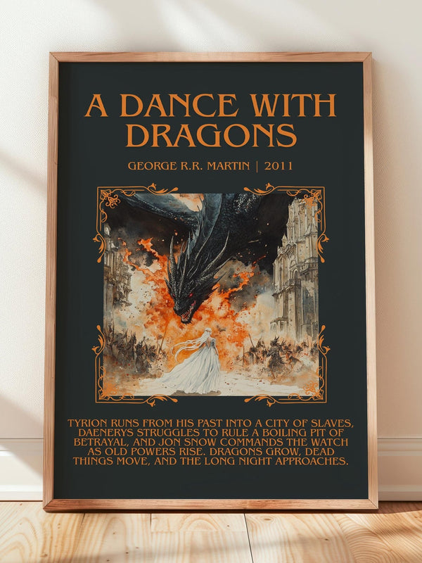 A Dance With Dragons minimalist print in frame leaning in hallway – fantasy wall art
