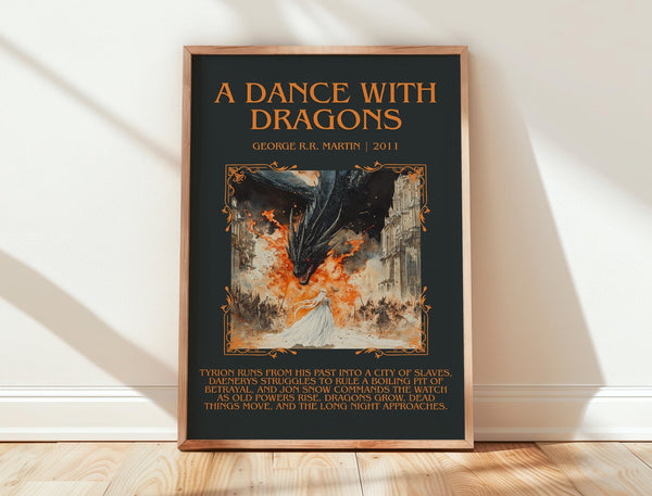 A Dance With Dragons minimalist print in frame leaning in hallway – fantasy wall art