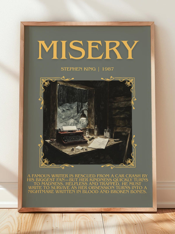 Misery minimalist print in frame leaning in hallway – horror wall art