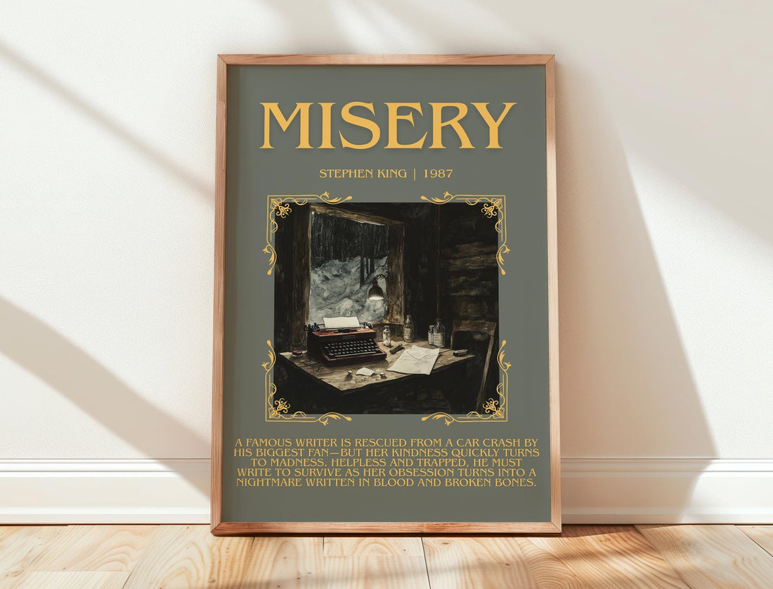 Misery minimalist print in frame leaning in hallway – horror wall art (mockup)