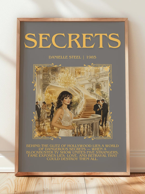 Secrets minimalist print in frame leaning in hallway – contemporary fiction wall art
