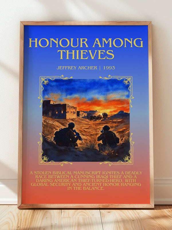 Honour Among Thieves minimalist print in frame leaning in hallway – thriller wall art