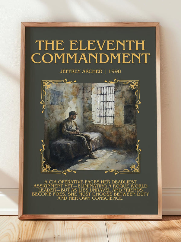 The Eleventh Commandment minimalist print in frame leaning in hallway – thriller wall art
