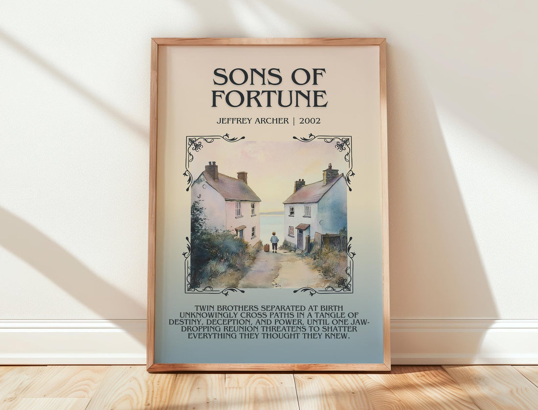 Sons of Fortune minimalist print in frame leaning in hallway – thriller wall art (mockup)