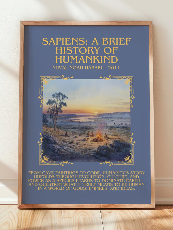 Sapiens: A Brief History of Humankind minimalist print in frame leaning in hallway – non fiction wall art