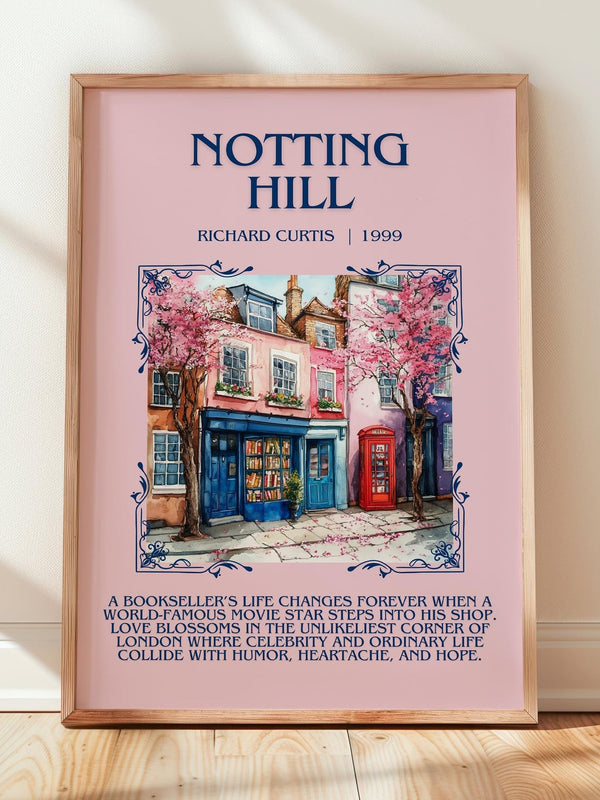 Notting Hill minimalist print in frame leaning in hallway – romance wall art