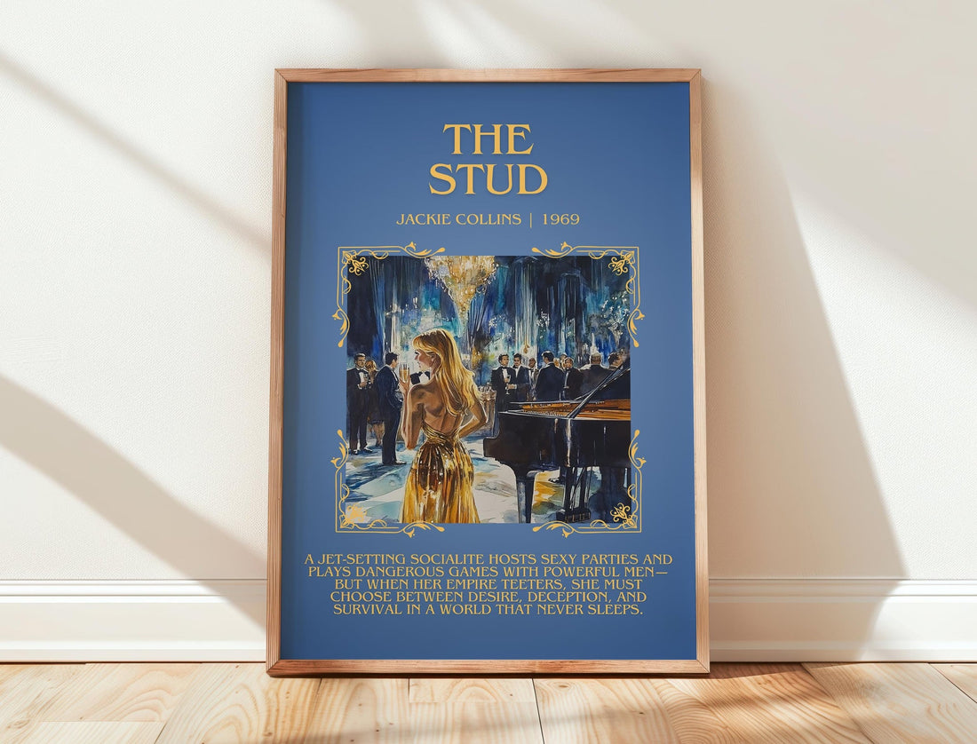 The Stud minimalist print in frame leaning in hallway – romance wall art (mockup)