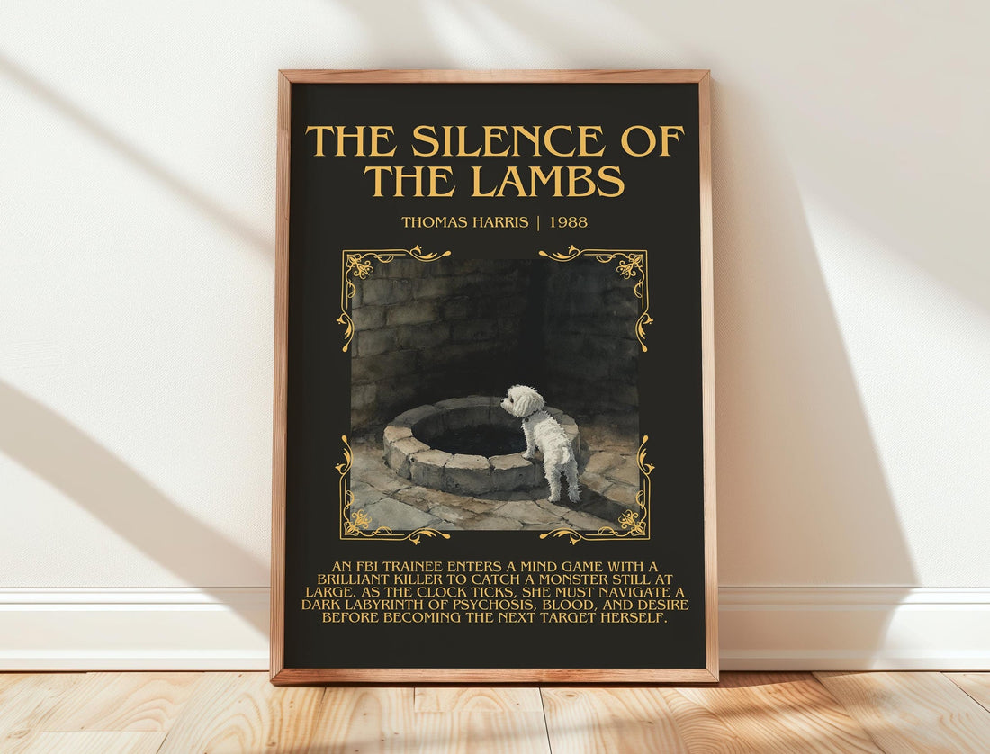 The Silence of the Lambs minimalist print in frame leaning in hallway – thriller wall art (mockup)