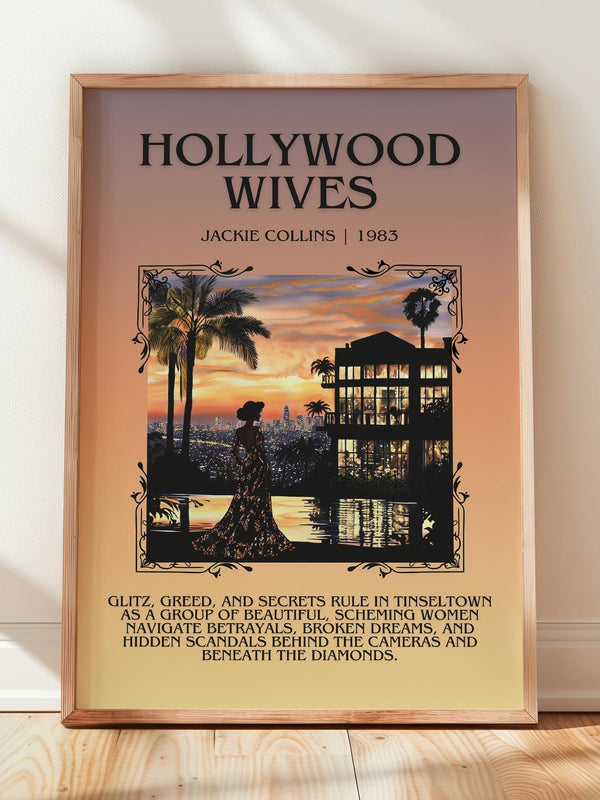 Hollywood Wives minimalist print in frame leaning in hallway – romance wall art