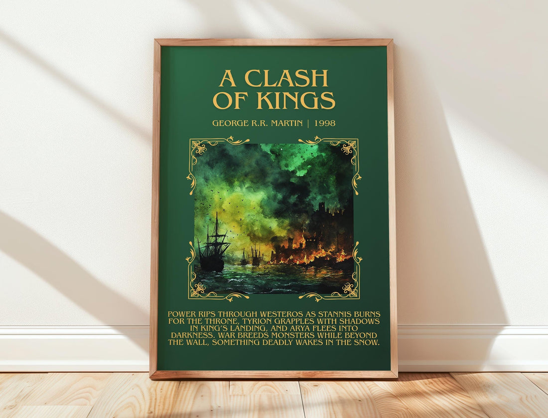 A Clash of Kings minimalist print in frame leaning in hallway – fantasy wall art (mockup)