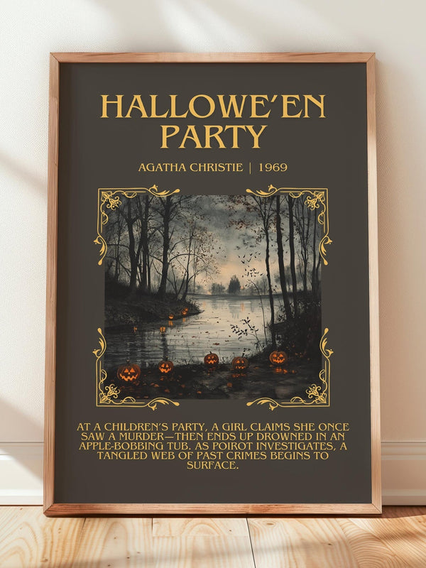 Hallowe'en Party minimalist print in frame leaning in hallway – mystery wall art