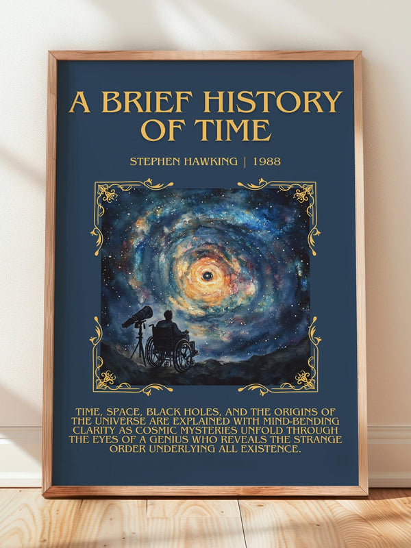 A Brief History of Time minimalist print in frame leaning in hallway – non fiction wall art