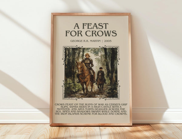 A Feast For Crows minimalist print in frame leaning in hallway – fantasy wall art