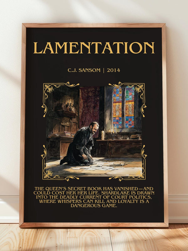 Lamentation minimalist print in frame leaning in hallway – historical fiction wall art