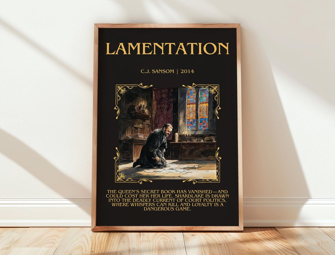 Lamentation minimalist print in frame leaning in hallway – historical fiction wall art (mockup)