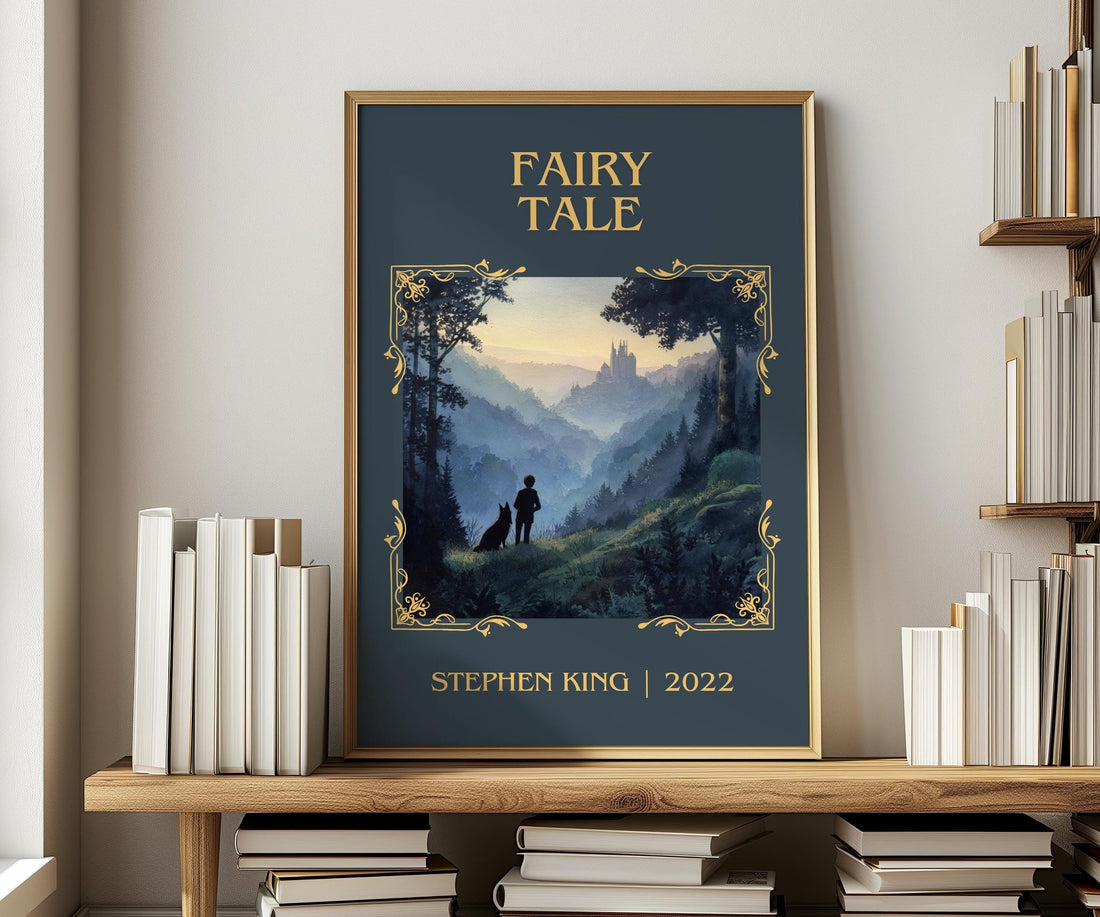 Fairy Tale classic book art print in frame leaning in hallway – fantasy wall art (mockup)