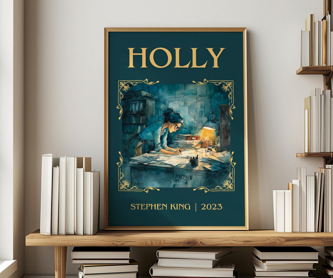 Holly classic book art print in frame leaning in hallway – thriller wall art (mockup)
