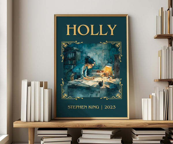 Holly classic book art print in frame leaning in hallway – thriller wall art