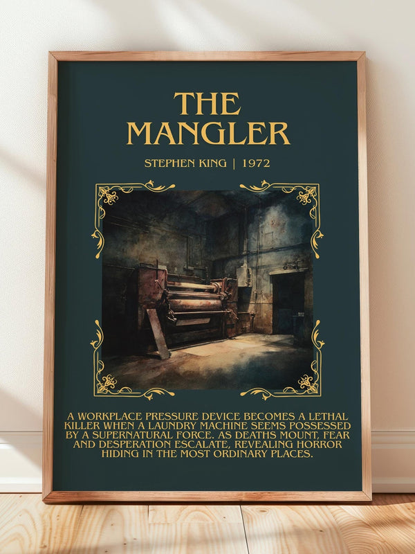The Mangler minimalist print in frame leaning in hallway – horror wall art