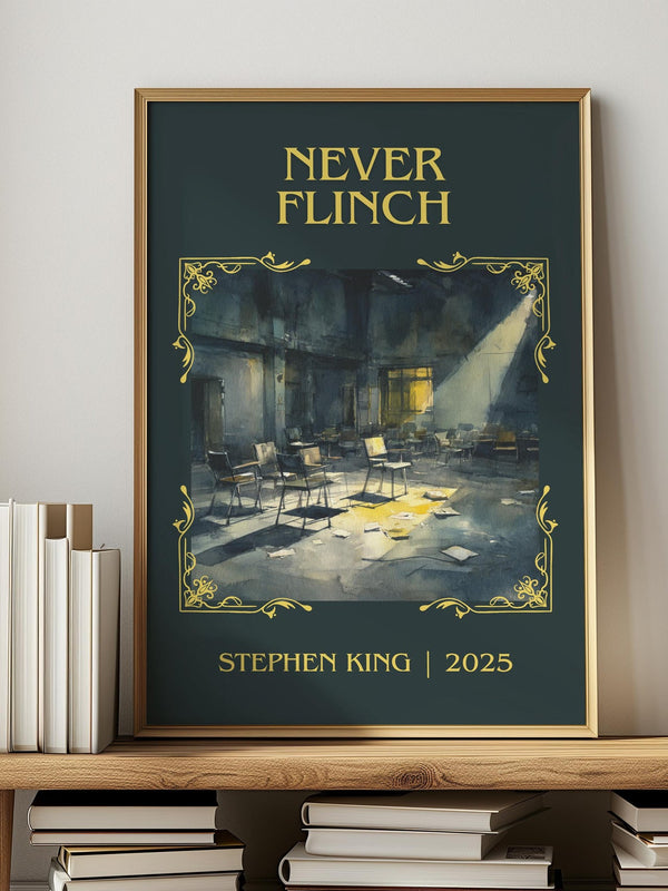 Never Flinch classic book art print in frame leaning in hallway – thriller wall art