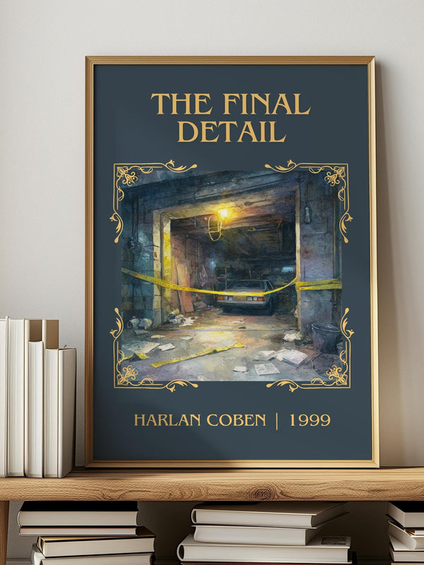 The Final Detail classic book art print in frame leaning in hallway – crime wall art