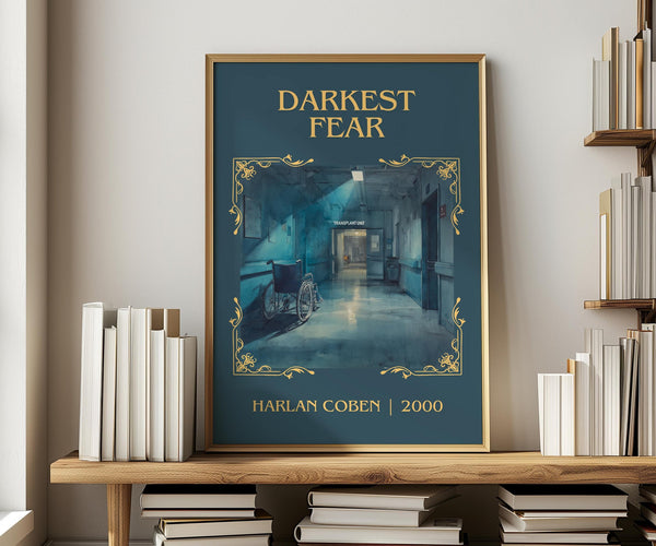 Darkest Fear classic book art print in frame leaning in hallway – thriller wall art