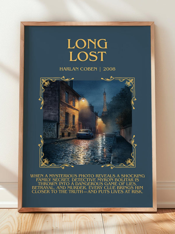 Long Lost minimalist print in frame leaning in hallway – thriller wall art