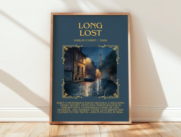 Long Lost minimalist print in frame leaning in hallway – thriller wall art