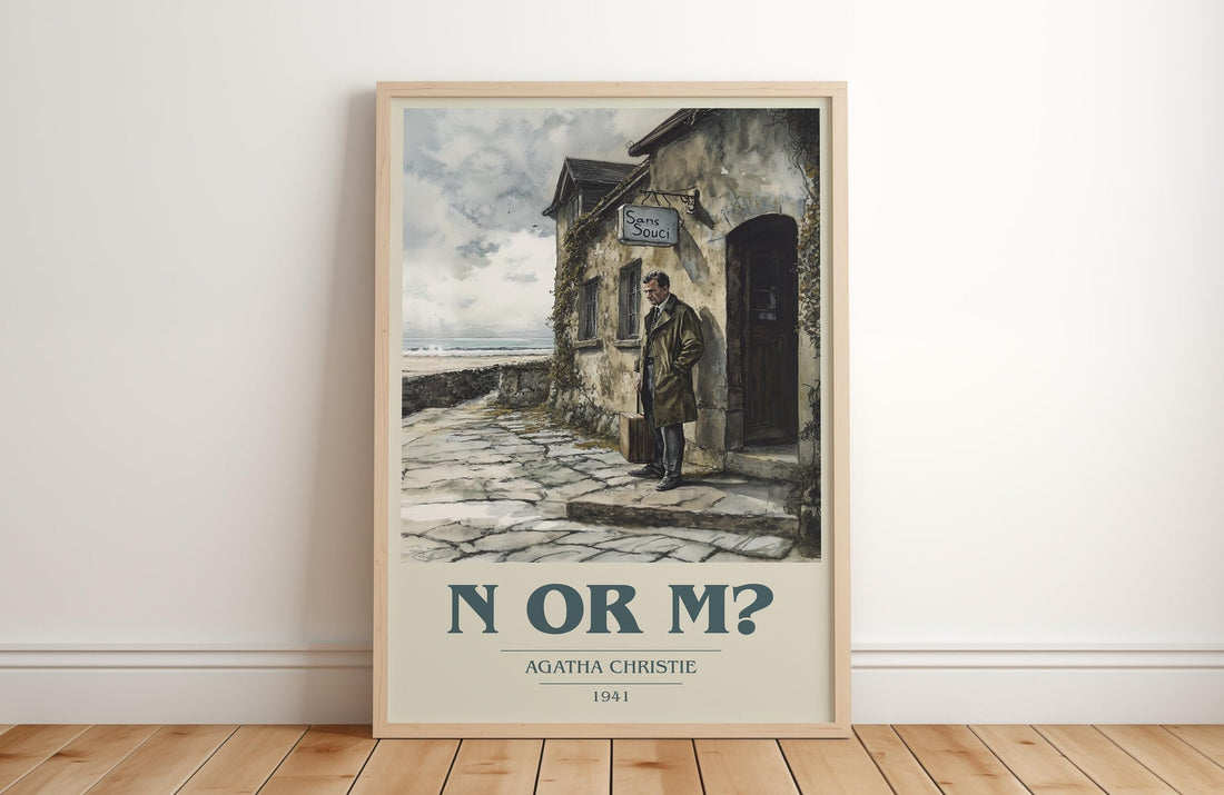 N Or M? book cover print in frame leaning in hallway – mystery wall art (mockup)