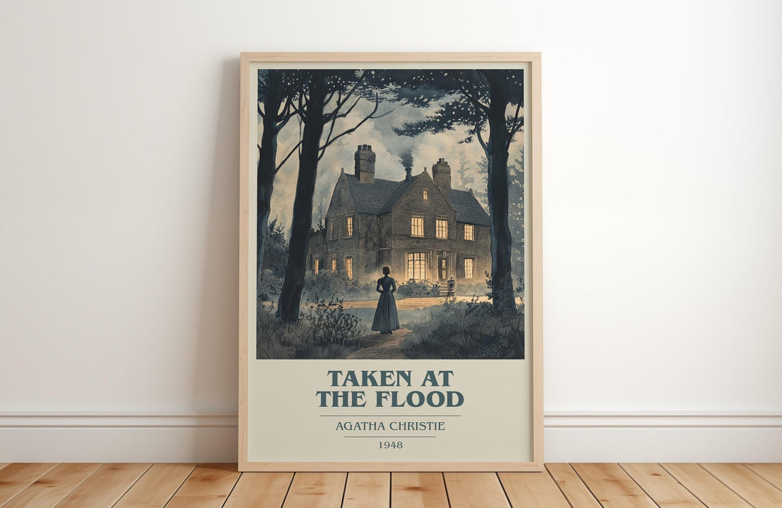 Taken at the Flood book cover print in frame leaning in hallway – mystery wall art (mockup)