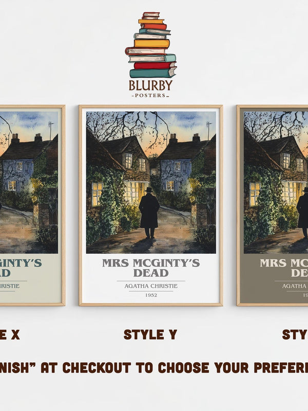 Mrs McGinty's Dead book cover print in frame leaning in hallway – mystery wall art