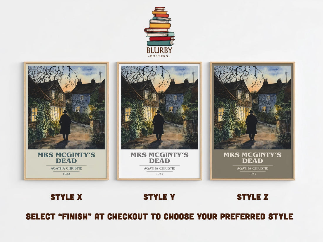 Mrs McGinty's Dead book cover print in frame leaning in hallway – mystery wall art (mockup)