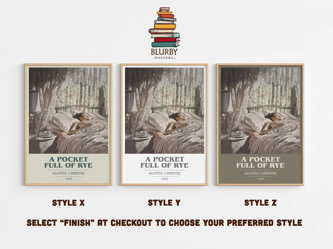 A Pocket Full of Rye book cover print in frame leaning in hallway – mystery wall art (mockup)