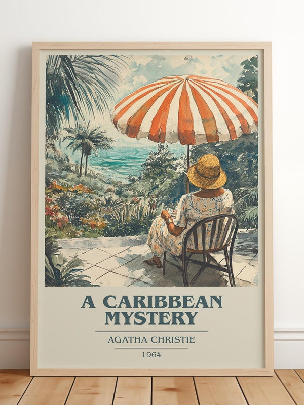 A Caribbean Mystery book cover print in frame leaning in hallway – mystery wall art