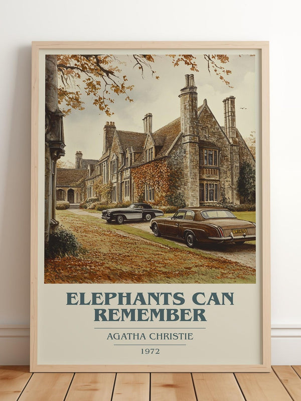 Elephants Can Remember book cover print in frame leaning in hallway – mystery wall art