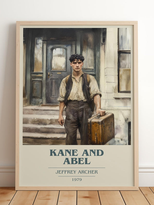 Kane and Abel book cover print in frame leaning in hallway – contemporary fiction wall art