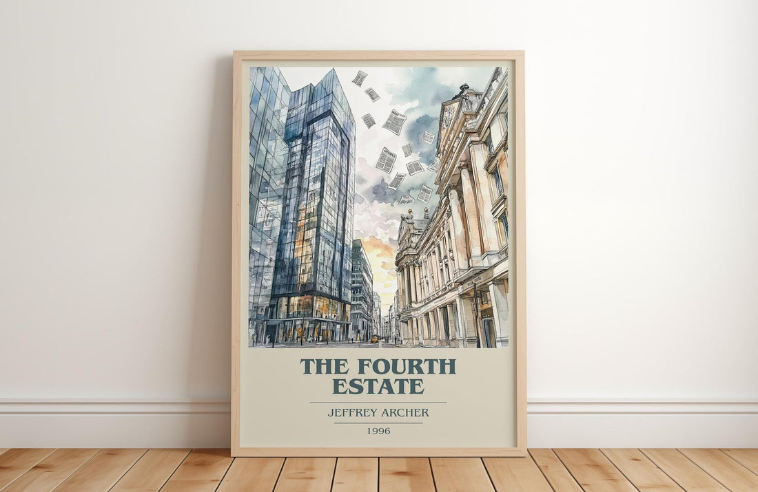 The Fourth Estate book cover print in frame leaning in hallway – contemporary fiction wall art (mockup)