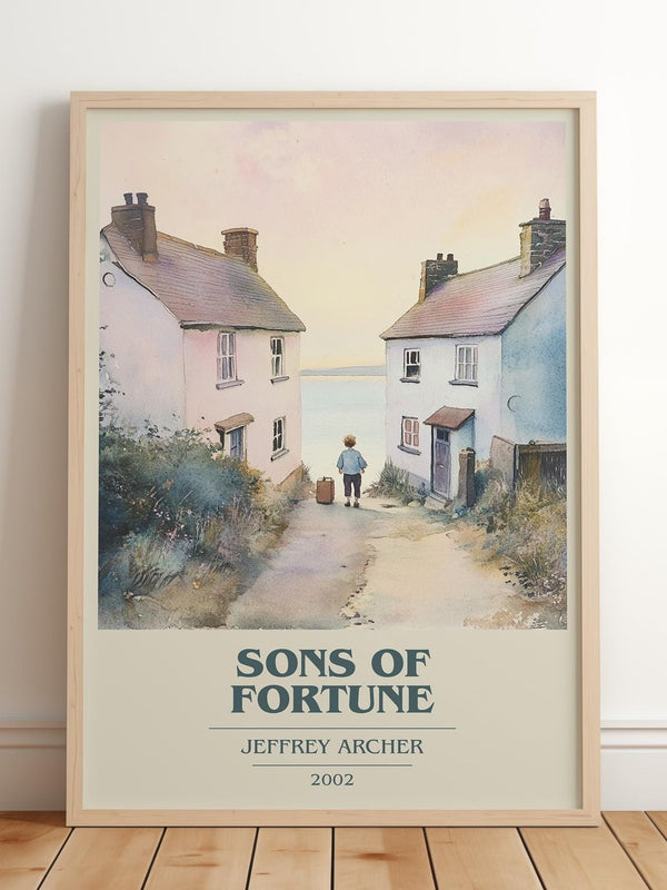 Sons of Fortune book cover print in frame leaning in hallway – thriller wall art