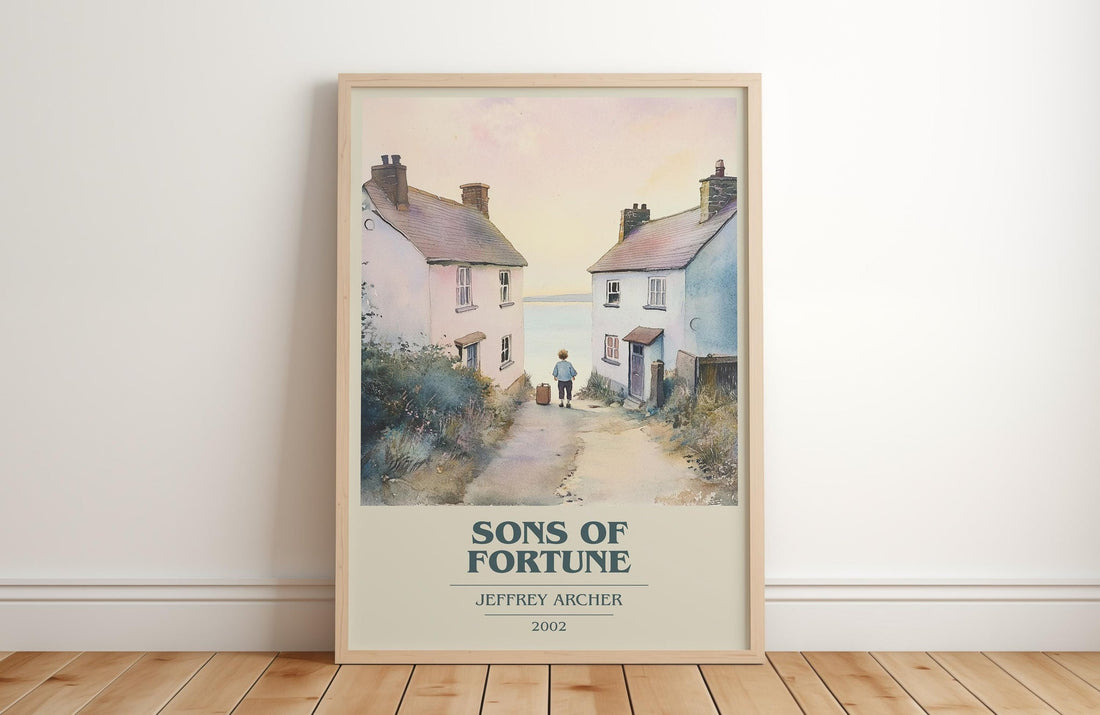Sons of Fortune book cover print in frame leaning in hallway – thriller wall art (mockup)