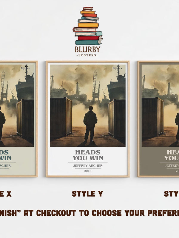 Heads You Win book cover print in frame leaning in hallway – thriller wall art