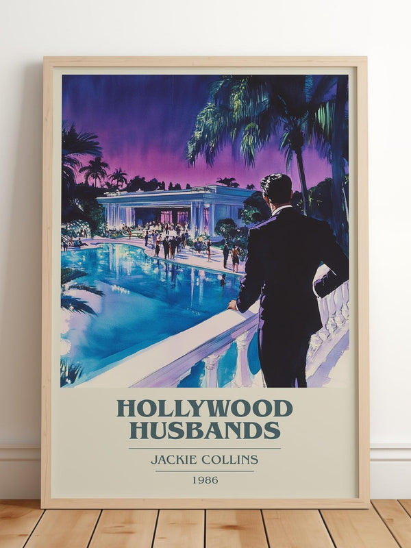 Hollywood Husbands book cover print in frame leaning in hallway – romance wall art